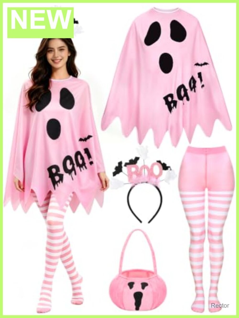 Pink Ghost Halloween Costume Set Women Poncho Cape Headband Bag Tights